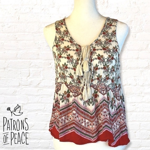 🎁3 for $30 Patrons of Peace Foral Double Boho Babydoll Tank Top Size Small - Picture 1 of 8